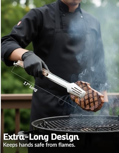 Boxiki Kitchen 17Inch Grill Tongs Heavy Duty 304 Stainless Steel BBQ Tongs ExtraLong Locking Grilling Tongs for Outdoor Grill Smoker Walnut Handle Gift Pouch - Image 3