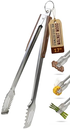 Boxiki Kitchen 17Inch Grill Tongs Heavy Duty 304 Stainless Steel BBQ Tongs ExtraLong Locking Grilling Tongs for Outdoor Grill Smoker Walnut Handle Gift Pouch - Image 1
