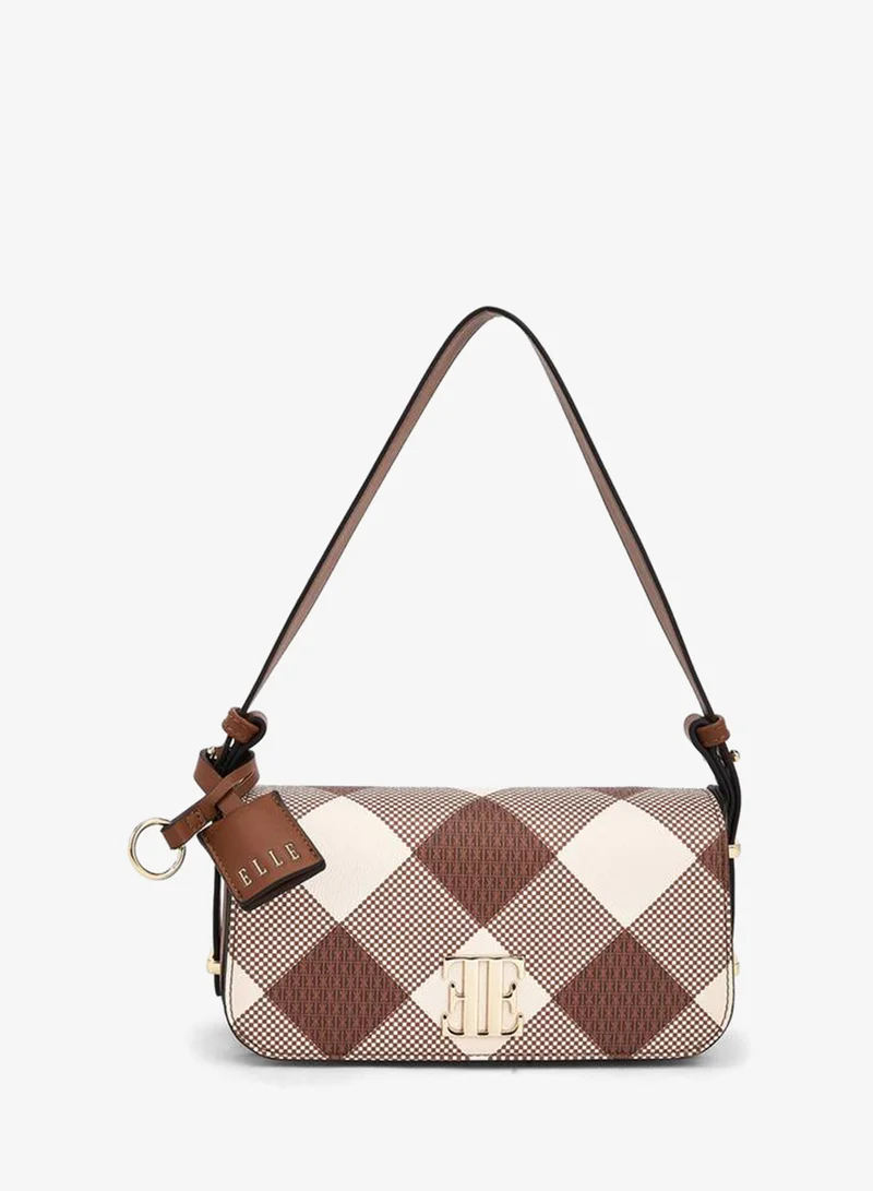 ELLE Checked Shoulder Bag with Flap Closure