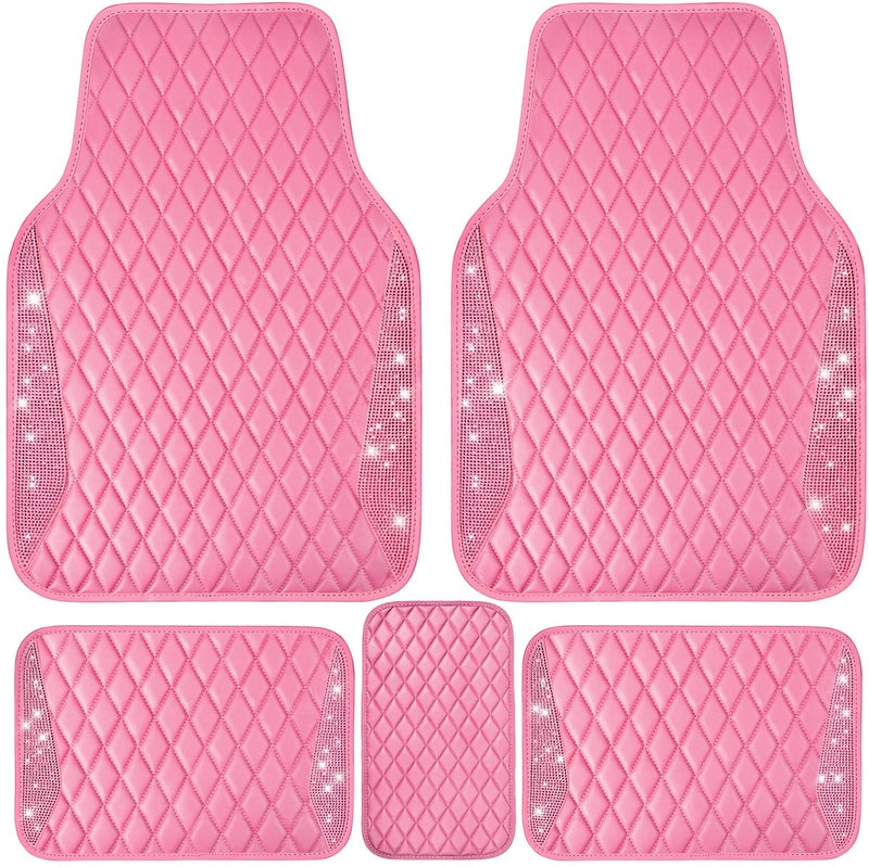 CAR PASS Bling Leather Car Mats Shining Diamond Floor Mats Crystal Rhinestones Sparkly Glitter Carpet Anti-Slip Waterproof Pad Universal Fit for Automotive SUV, Sedan, Van, 5pcs for Girl Women Pink - Image 1