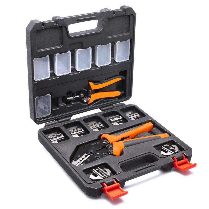 Wirefy Wire Crimping Tool Kit Crimpers 9 Slide in Dies Ratcheting Wire Crimper Tool Terminal Crimp Pliers for Heat Shrink Insulated NonInsulated Butt Large Flag Nylon Connectors