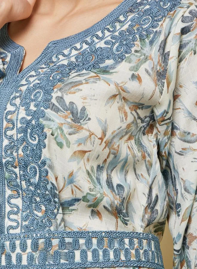 Styli All-Over Floral Print Embroidered Kaftan with Waist Belt Detail