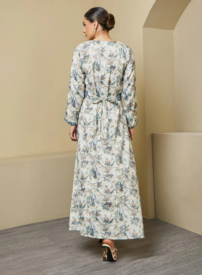 Styli All-Over Floral Print Embroidered Kaftan with Waist Belt Detail