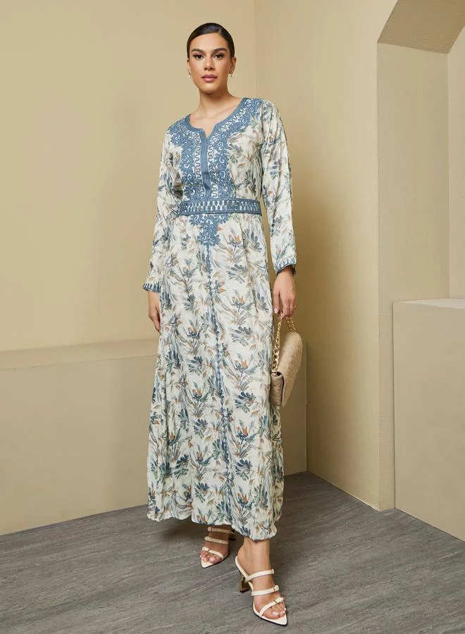 Styli All-Over Floral Print Embroidered Kaftan with Waist Belt Detail