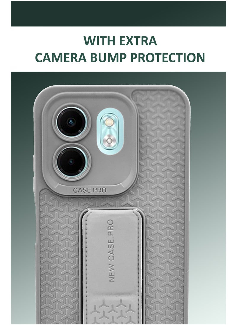 Generic For Infinix Smart 9 - Semi Soft Silicone Magnetic Back Stand Case  With Foldable Kickstand & Finger Strap  - Grey  - Image 3