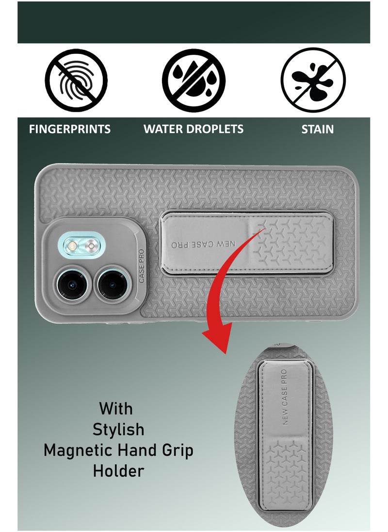 Generic For Infinix Smart 9 - Semi Soft Silicone Magnetic Back Stand Case  With Foldable Kickstand & Finger Strap  - Grey  - Image 4
