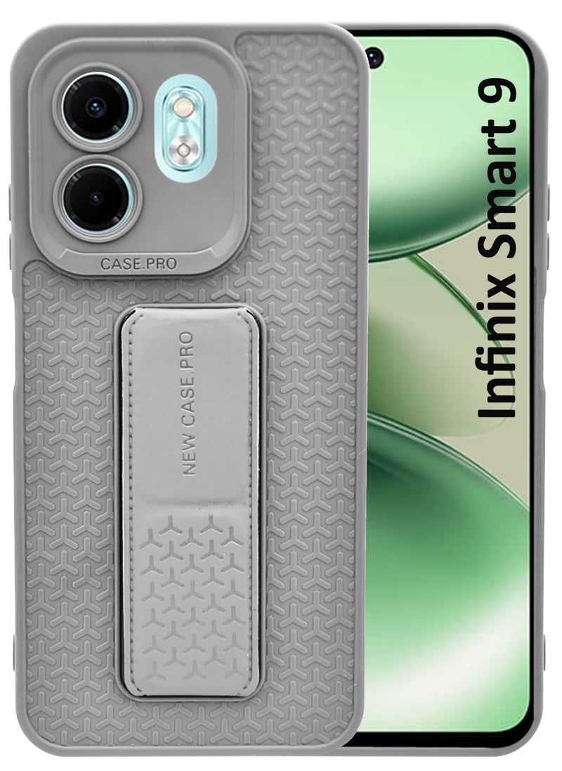 Generic For Infinix Smart 9 - Semi Soft Silicone Magnetic Back Stand Case  With Foldable Kickstand & Finger Strap  - Grey  - Image 1