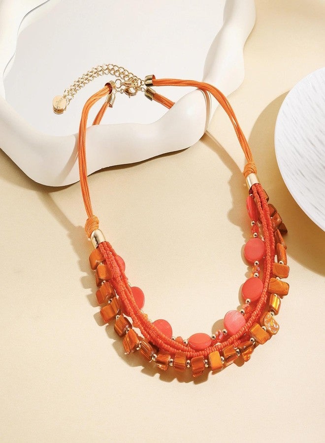 Coiris Layered Shell Beaded Necklaces for Women Handmade Boho Orange Bead Choker Necklace Holiday Style Costume Jewelry for Women(N0145-Orange) - Image 5