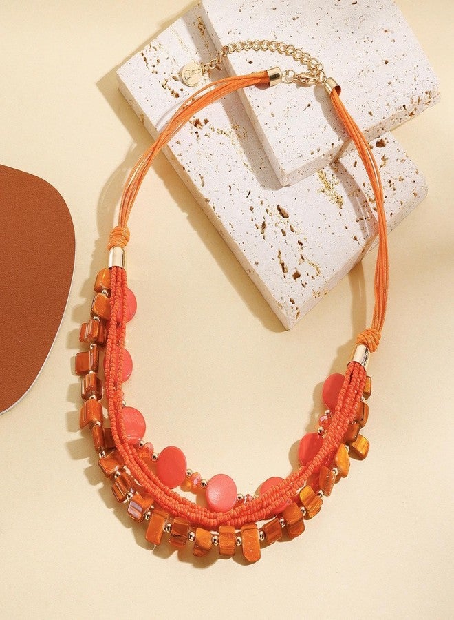 Coiris Layered Shell Beaded Necklaces for Women Handmade Boho Orange Bead Choker Necklace Holiday Style Costume Jewelry for Women(N0145-Orange) - Image 3