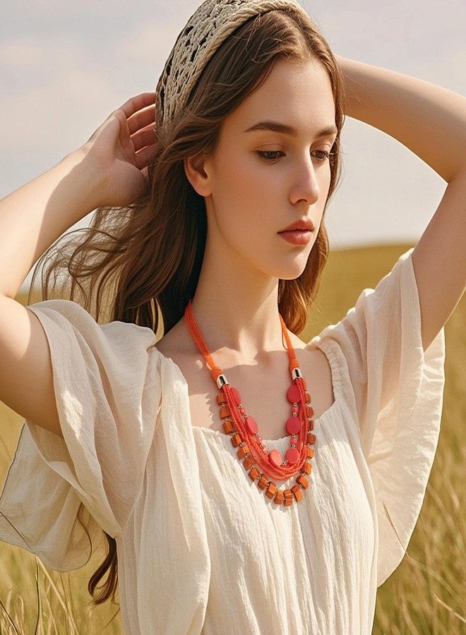 Coiris Layered Shell Beaded Necklaces for Women Handmade Boho Orange Bead Choker Necklace Holiday Style Costume Jewelry for Women(N0145-Orange) - Image 2