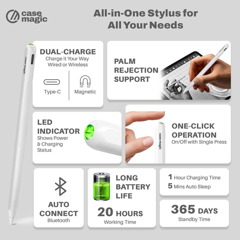 case-magic Dual Charging Stylus Pen for iPad with Magnetic Wireless Charging, Palm Rejection,Tilt Sensitivity, Type-C, Compatible with iPad Pro/Air/Mini, Drawing & Note-Taking Pen Replaceable Nib - Image 2