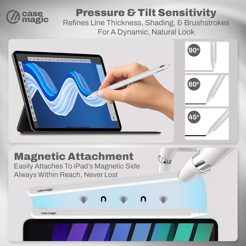case-magic Dual Charging Stylus Pen for iPad with Magnetic Wireless Charging, Palm Rejection,Tilt Sensitivity, Type-C, Compatible with iPad Pro/Air/Mini, Drawing & Note-Taking Pen Replaceable Nib - Image 5