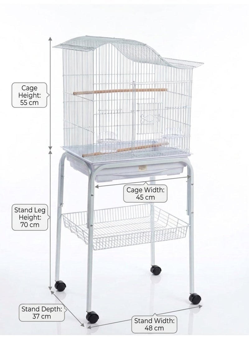 Dayang 613 Bird Cage with C1 Rolling Stand - Elegant White Wave Roof Design with Wheels, Storage Basket, Wooden Perches, Food Cups & Pull-Out Tray for Canary, Budgie, Finch & Small Birds, 125cm Total - Image 4