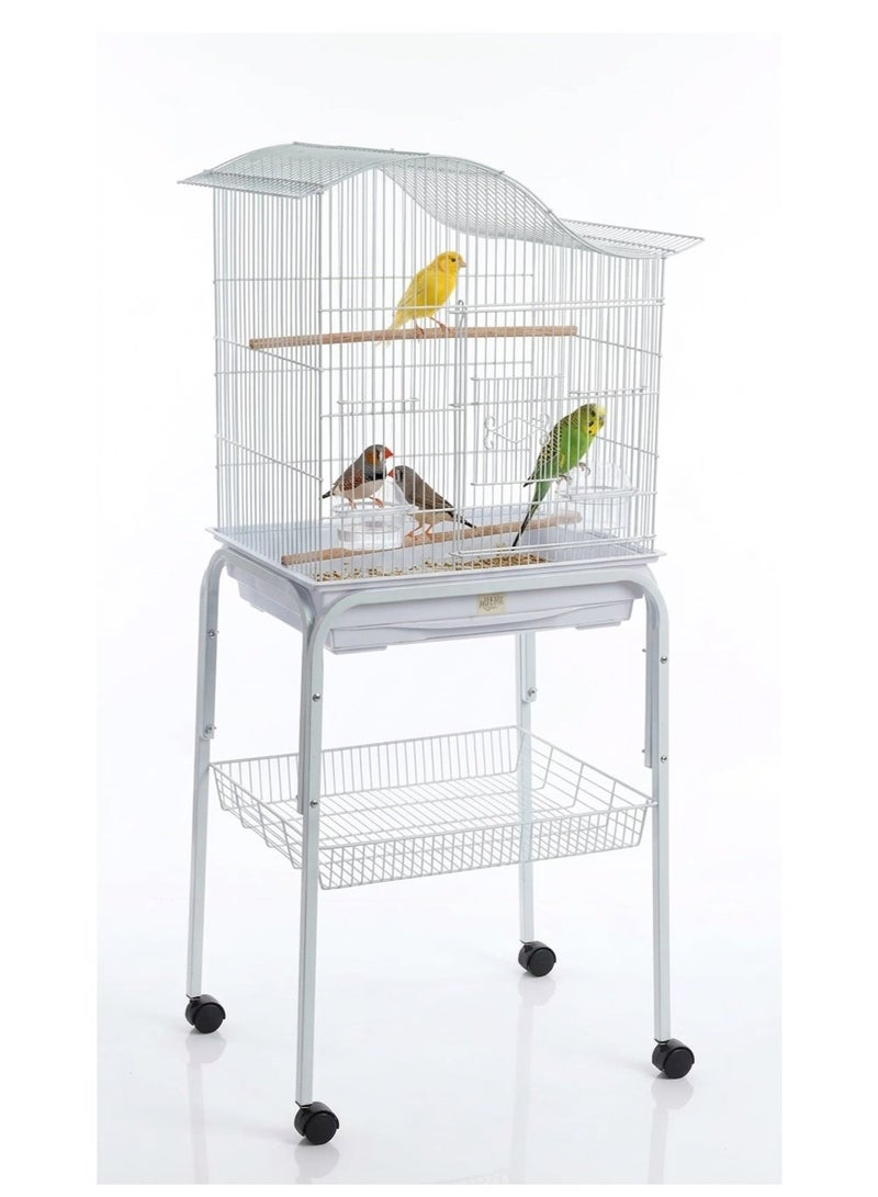 Dayang 613 Bird Cage with C1 Rolling Stand - Elegant White Wave Roof Design with Wheels, Storage Basket, Wooden Perches, Food Cups & Pull-Out Tray for Canary, Budgie, Finch & Small Birds, 125cm Total - Image 1