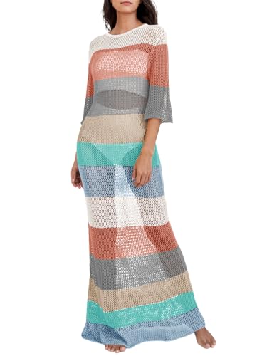 LANNEW Women's Crochet Cover Ups for Bikini Swimsuit Half Sleeve Bathing Suit Rainbow Swimwear Long Beach Dresses - Image 5
