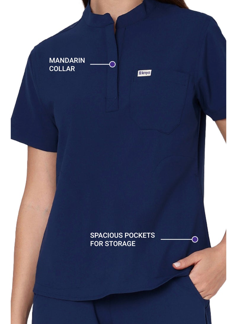 KNYA بدلة طبية نسائية من KNYA Ecoflex | 8 جيوب | بلوزة ماندرين | بنطال كارجو | قماش مطاطي في أربعة اتجاهات | للأطباء (مقاس 2XL، أزرق داكن) - Image 3