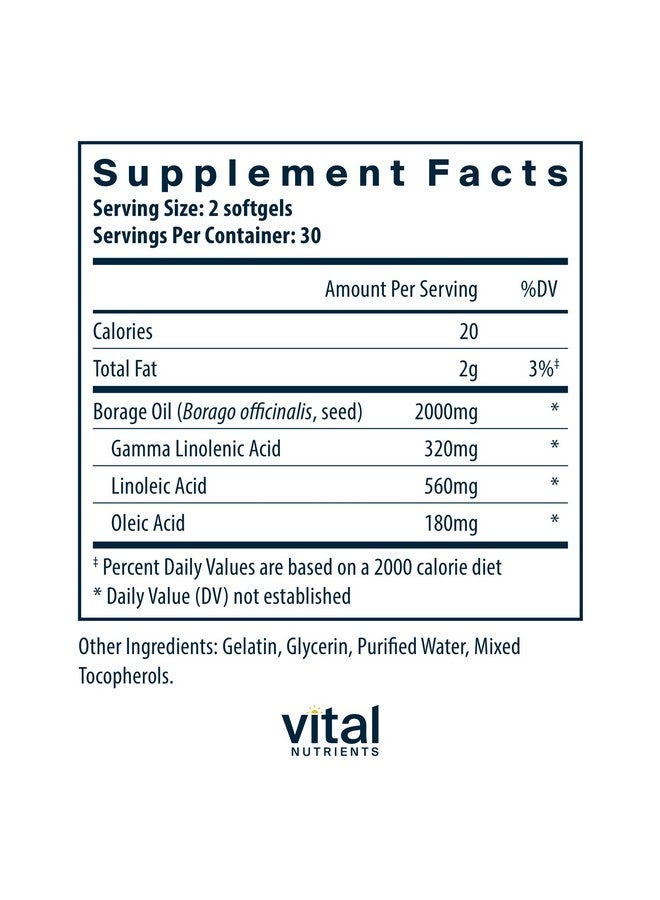 Vital Nutrients Borage Oil 1000mg | High-Dose GLA Omega-6 Supplement | Powerful Antioxidant for Skin, Join, Nerve Function | Gluten, Dairy, Soy Free | Non-GMO | 60 Softgels - Image 2
