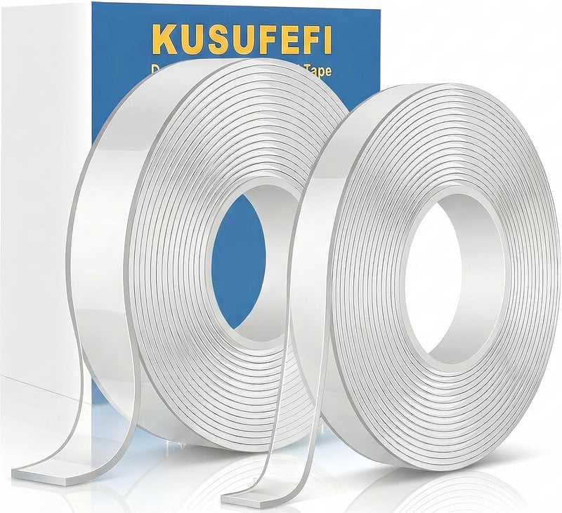 KUSUFEFI شريط لاصق مزدوج الجوانب عالي التحمل للتثبيت (2 لفة، إجمالي 20 قدم)، شرائط حائط شفافة مزدوجة الجوانب، ملصق قابل للإزالة للمنزل، المكتب، السيارة، الاستخدام الخارجي، بدون ضرر - Image 1
