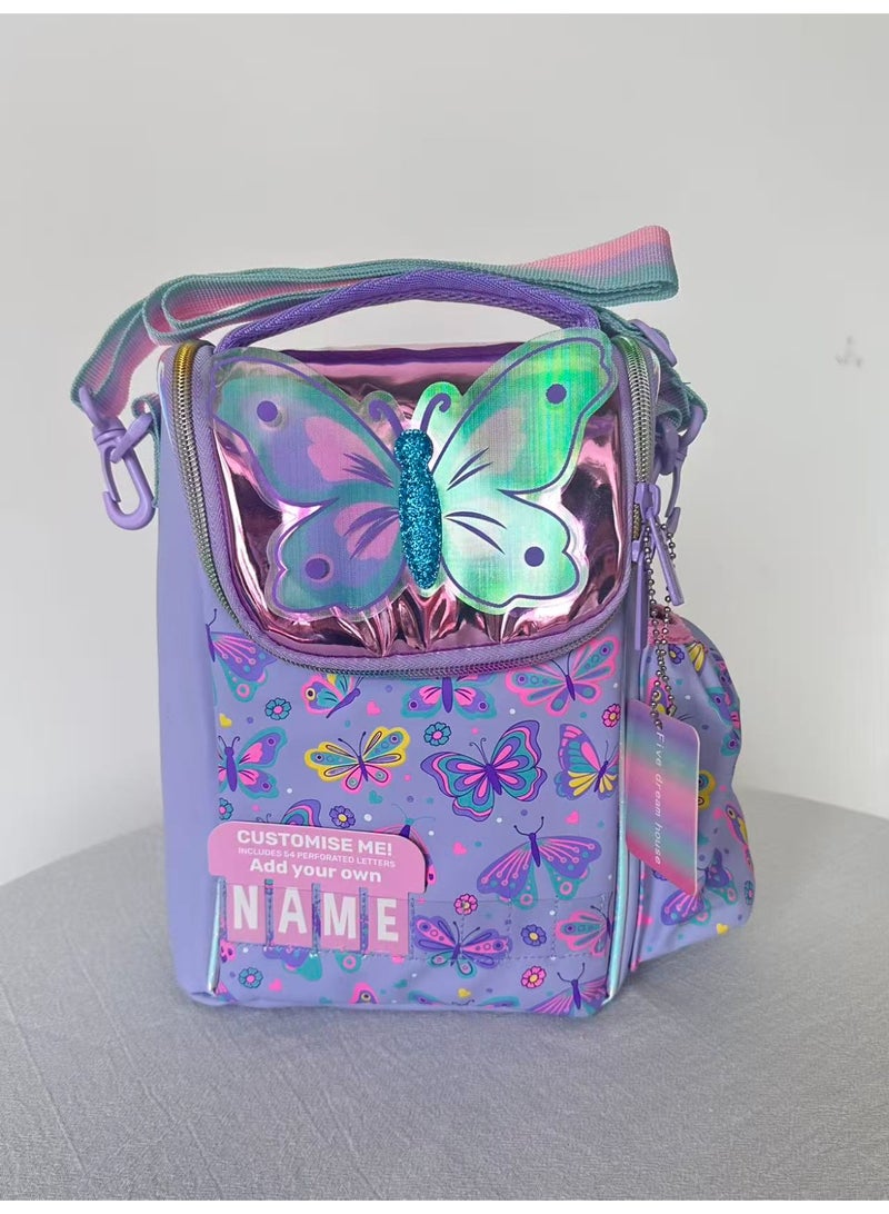 VEST Kids Lunch Bag, Purple Butterfly Print Insulated Lunch Bag, Handheld & Crossbody Portable Lunch Tote - Image 1