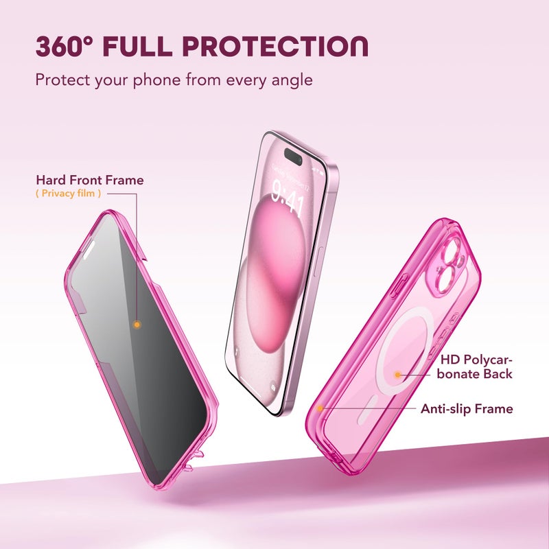 TIESZEN for iPhone 15 Case, Compatible with MagSafe, Built-in Privacy Screen Protector and Camera Protection, Anti Spy Full Body Dustproof Shockproof Hard Phone Case 6.1", Fluorescent Pink - Image 3