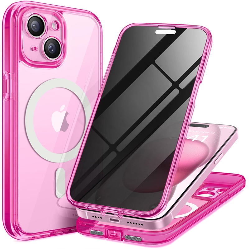 TIESZEN for iPhone 15 Case, Compatible with MagSafe, Built-in Privacy Screen Protector and Camera Protection, Anti Spy Full Body Dustproof Shockproof Hard Phone Case 6.1", Fluorescent Pink - Image 1