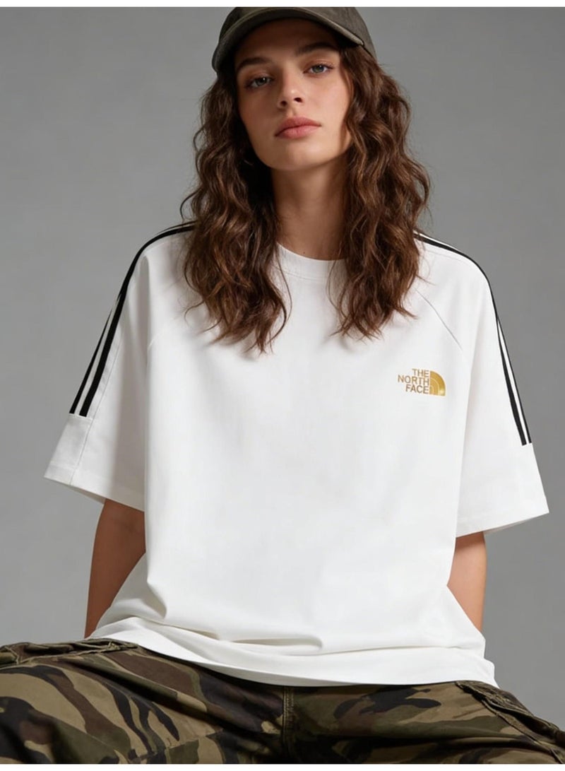 ذا نورث فيس Loose T-shirts with LOGO, 300g double-yarn cotton loose T-shirts for men and women with the same paragraph, and 2 short-sleeved round neck shirts for leisure sports. - Image 1