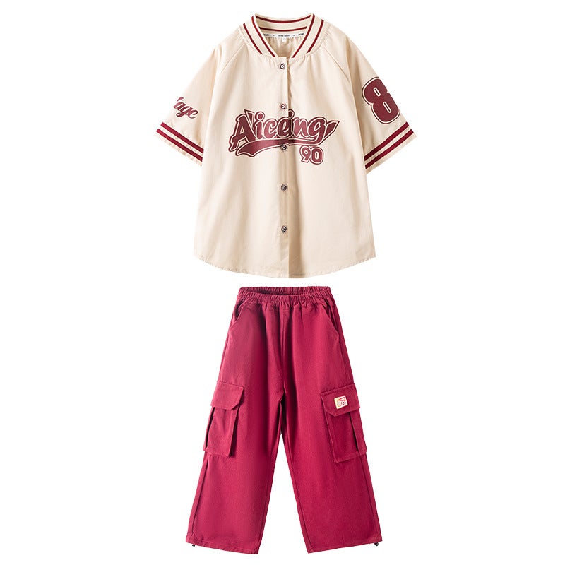 Kids Hip-Hop Dancewear Baseball Jacket Set 2-Piece Set (red and white shirt + wine red overalls)