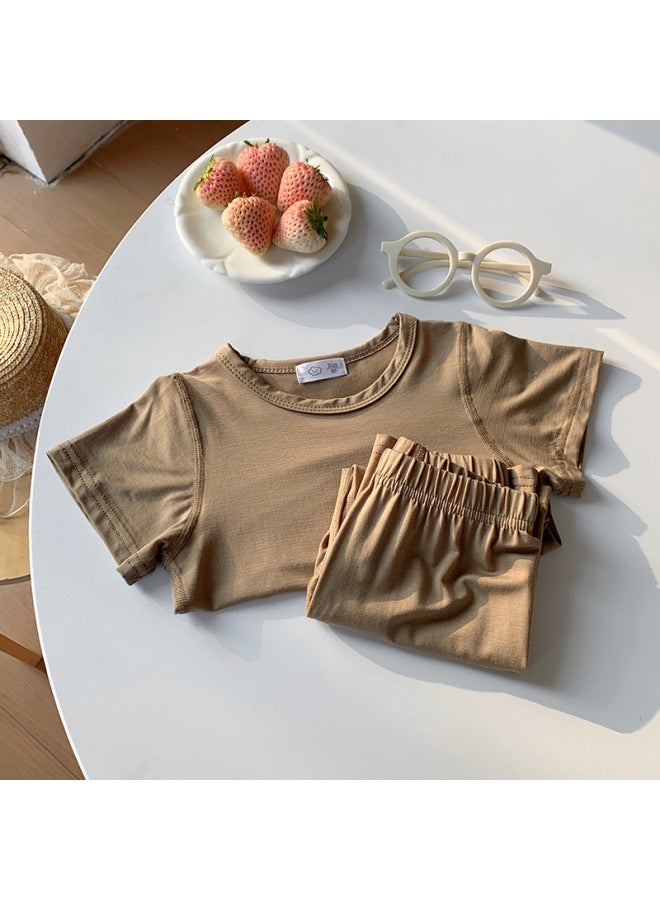 Children's Lyocell Homewear Set Short Sleeves Long Pants Summer Thin Boys Girls Pajamas Solid Color Q-tan Air Conditioning Clothes