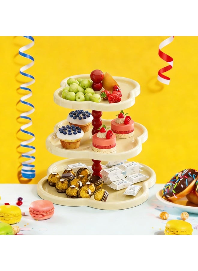 1 Pack 3 Tier Cupcake Stand Holder, Plastic Dessert Display Tower with Red Accents, Cream Color, 13 Inch Height, for Cupcakes Donuts Fruits - Image 1