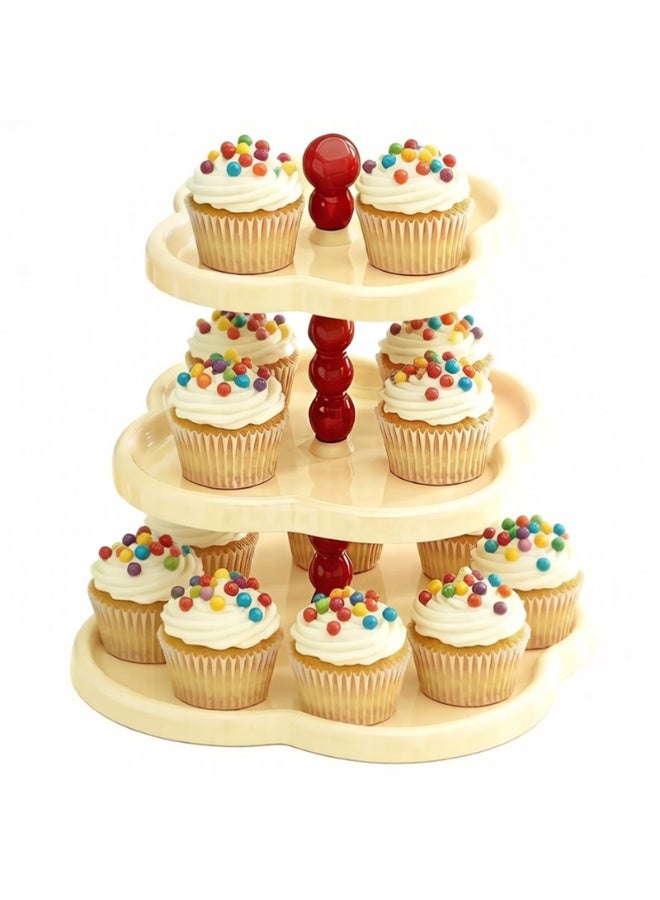 1 Pack 3 Tier Cupcake Stand Holder, Plastic Dessert Display Tower with Red Accents, Cream Color, 13 Inch Height, for Cupcakes Donuts Fruits - Image 5