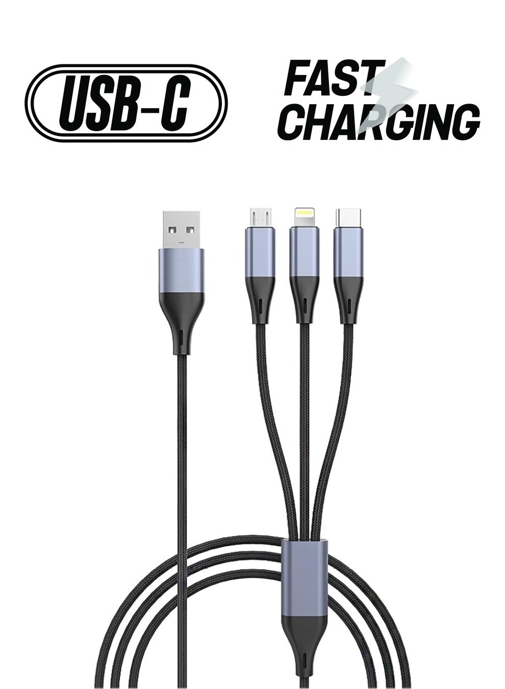 3 in 1 USB Phone Charger Cables 5A Fast Braided Nylon Unbreakable Charging Cable, Universal Multiple Ports Charging Cord with USB C/Micro USB/IOS Connector for Phones