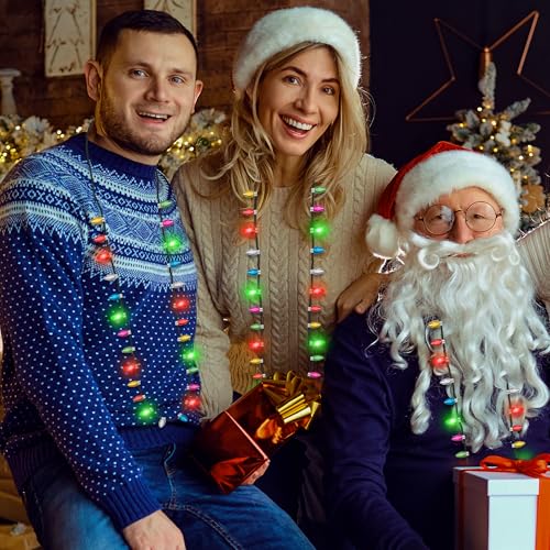 EOBOH Light up Christmas Necklace, 4pcs Xmas Bulb Necklaces Accessories Bulk, Colorful Glow 3D Xmas Bulb Necklaces Decor, 3 Modes Light Necklace Decor for Ugly Sweater New Year Family Party Supplies - Image 4