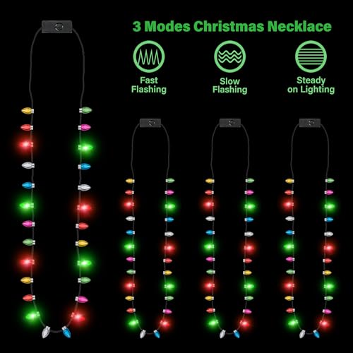 EOBOH Light up Christmas Necklace, 4pcs Xmas Bulb Necklaces Accessories Bulk, Colorful Glow 3D Xmas Bulb Necklaces Decor, 3 Modes Light Necklace Decor for Ugly Sweater New Year Family Party Supplies - Image 3
