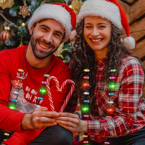 EOBOH Light up Christmas Necklace, 4pcs Xmas Bulb Necklaces Accessories Bulk, Colorful Glow 3D Xmas Bulb Necklaces Decor, 3 Modes Light Necklace Decor for Ugly Sweater New Year Family Party Supplies - Image 5