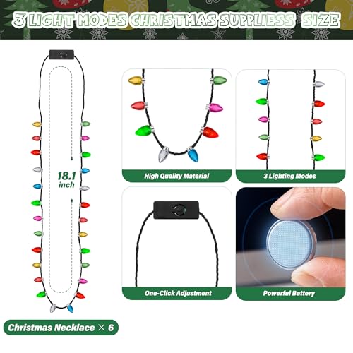 EOBOH Light up Christmas Necklace, 4pcs Xmas Bulb Necklaces Accessories Bulk, Colorful Glow 3D Xmas Bulb Necklaces Decor, 3 Modes Light Necklace Decor for Ugly Sweater New Year Family Party Supplies - Image 2