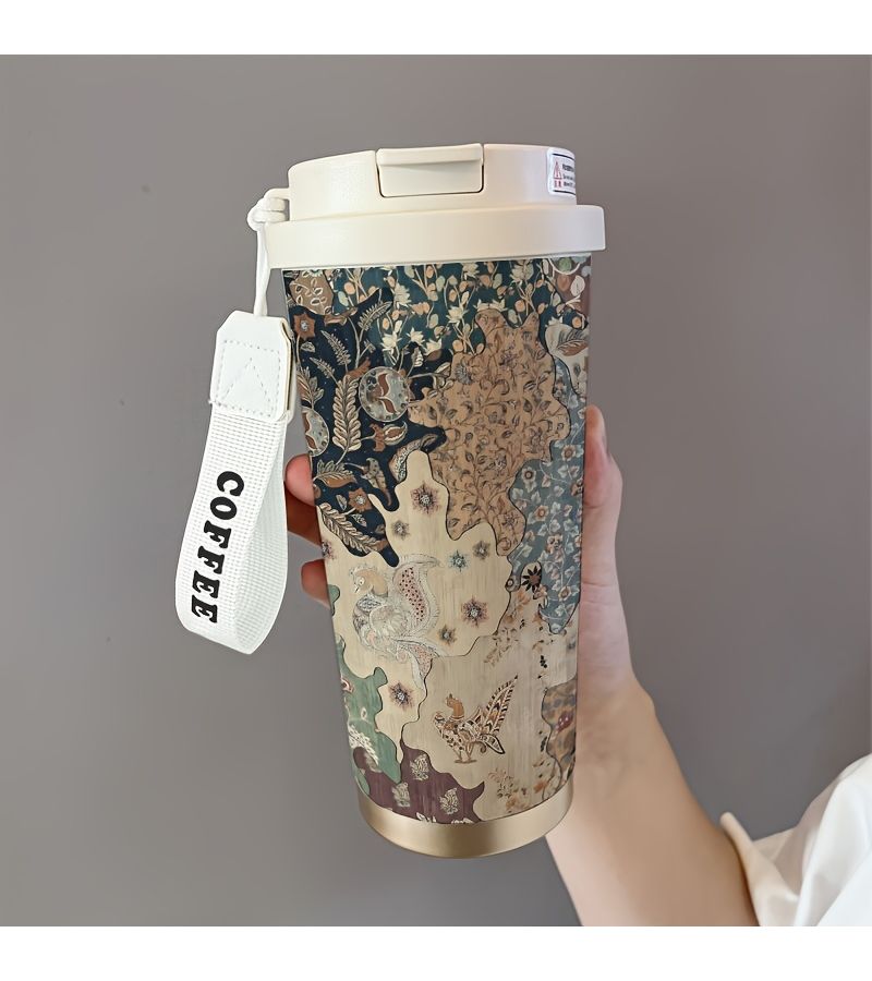 17.92 Oz Creative Color Insulated Coffee Mug 316 Stainless Steel Floral Pattern Portable Lid Straw Ideal Hot Cold Beverages Everyday Use Outdoor Sports - Image 1