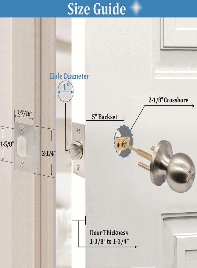 TPard 5" Backset Latch Keyed Entry Door Knob with Lock and Key, Standard Square Interface Entrance Ball Doors Knobset Lockset, Satin Nickel - Image 2