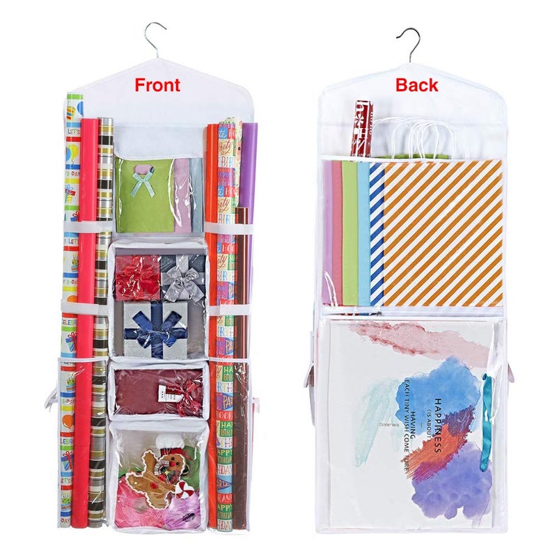 ProPik Hanging Double Sided Wrapping Paper Storage Organizer With Multiple Front And Back Pockets Organize Your Gift Wrap  Gift Bags Bows Ribbons 40X17 Fits 40 Inch Rolls White