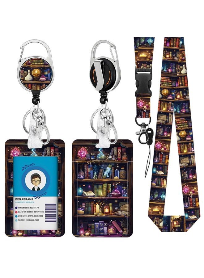 NIWPKDCE Lanyards for ID Badge, Bookshelf ID Badge Holder with Retractable Reel Clip and Keychain, Teacher Lanyard with Id Holder with Name Tag, Librarian Identity Card Cover Case Protector for Nurse Student - Image 1