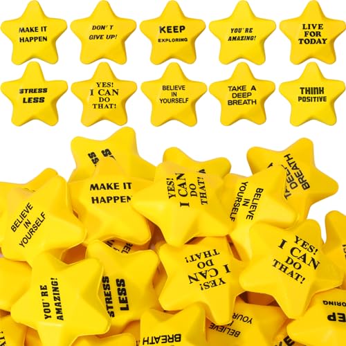 Silipull 100 Pcs Motivational Star Stress Balls Bulk Anxiety Stress Relief Balls Inspirational Mini Foam Star Toys Stuff for Adults Prizes Gifts Fidget Toys Party Supplies Yellow 10 Style - Image 1