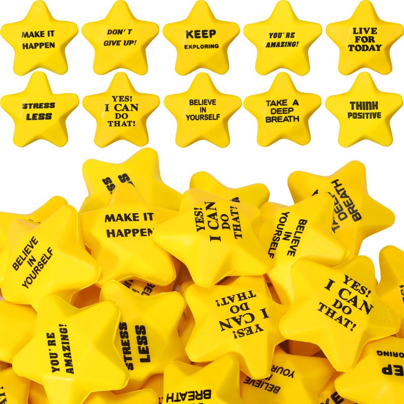 Silipull 100 Pcs Motivational Star Stress Balls Bulk Anxiety Stress Relief Balls Inspirational Mini Foam Star Toys Stuff for Adults Prizes Gifts Fidget Toys Party Supplies Yellow 10 Style - Image 3
