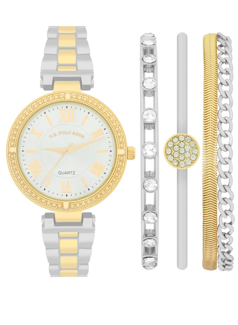 يو اس بولو اسن طقم ساعة كوارتز أنالوج فضية للنساء مع سوار - Image 1