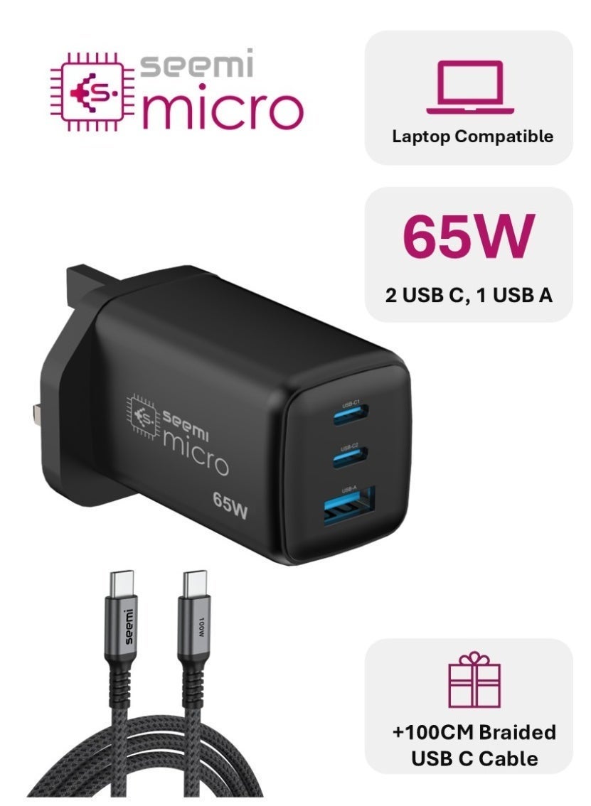 Seemi Micro 65W Ultra Compact USB C Charger + 100CM Braided USB C E-Marker Cable, PD, PPS, QC4.0+ for MacBook Pro/Air, iPad Pro, Galaxy S26/S25/S24, Dell XPS 13, iPhone 17/16/15, Huawei, Xiaomi, Redmi