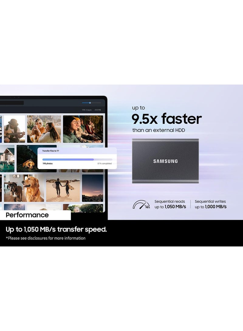 سامسونج MU-PC4T0T/WW SSD محمول T7 سعة 4TB USB 3.2 Gen.2 سرعة قراءة 1050MB/s وسرعة كتابة 1000MB/s قرص صلب خارجي لجهاز Mac وPC والهواتف الذكية وأجهزة الألعاب، رمادي - Image 4