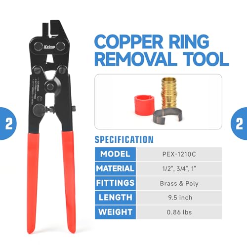 iCrimp ICP-1234AH PEX Crimping Tool Kit - 1/2-in & 3/4-in Copper Crimp Rings, Dual Size Crimper, PEX Removal Tool and Pipe Cutter - Meets ASTM F1807 Standard - Image 3