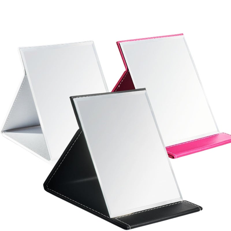 Goaste 3 Pack Portable Folding Makeup Mirror With Stand  8X6 Inches Pu Leather Travel Vanity Mirror  Adjustable Office Tabletop Mirror For Cosmetics Personal Beauty  Assorted Colors - Image 1