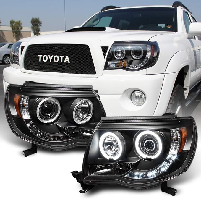 Led Drl Halo Ring Black Housing Projector Headlights For 2005-2011 Toyota Tacoma