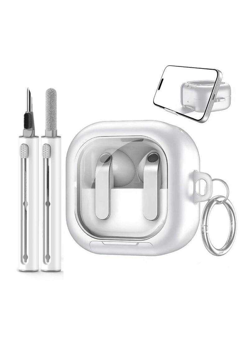 QIRG Case Cover for Samsung Galaxy Buds 4 pro/Buds 4 with Secure Lock & Phone Stand,TPU+PC Protective Cover with Keychain and Cleaner Kit,Anti-Yellowing, White - Image 1