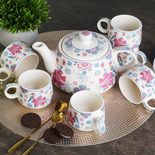 CRAF10 Ceramic Handcrafted Botanic BlissTea Morning Set - 1 Kettle (1 Litre) & 6 Cups (160 ML) | Microwave & Dishwasher Safe | Teapot | Tea Sets with Kettle for Gifting - Image 1