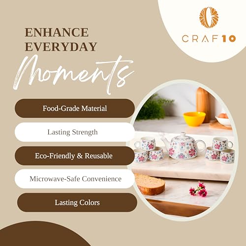 CRAF10 Ceramic Handcrafted Botanic BlissTea Morning Set - 1 Kettle (1 Litre) & 6 Cups (160 ML) | Microwave & Dishwasher Safe | Teapot | Tea Sets with Kettle for Gifting - Image 5